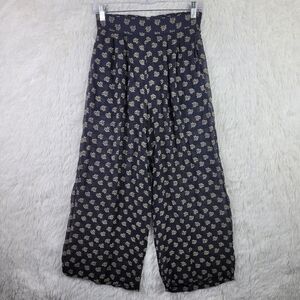 Vtg Et Vous S Black & Gold Floral Crop Silk Pull On Pants Wide Leg Palazzo Sheer